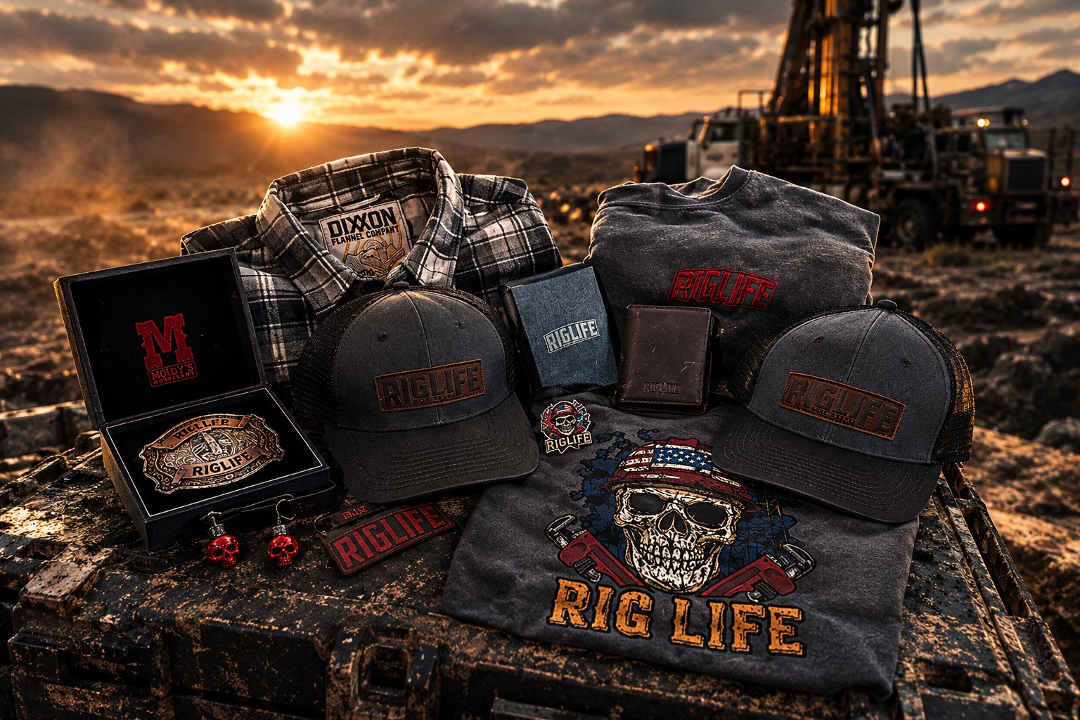 A Riglife winner&rsquo;s pack on a mud-caked toolbox at a drill site at sunset: the Driller buckle in its box, trucker caps, t-shirts, hoodie, wallet and a Dixxon flannel shirt