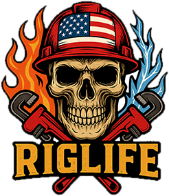 Riglife badge: a skull in a stars-and-stripes hard hat over crossed pipe wrenches, flame on one side and lightning on the other